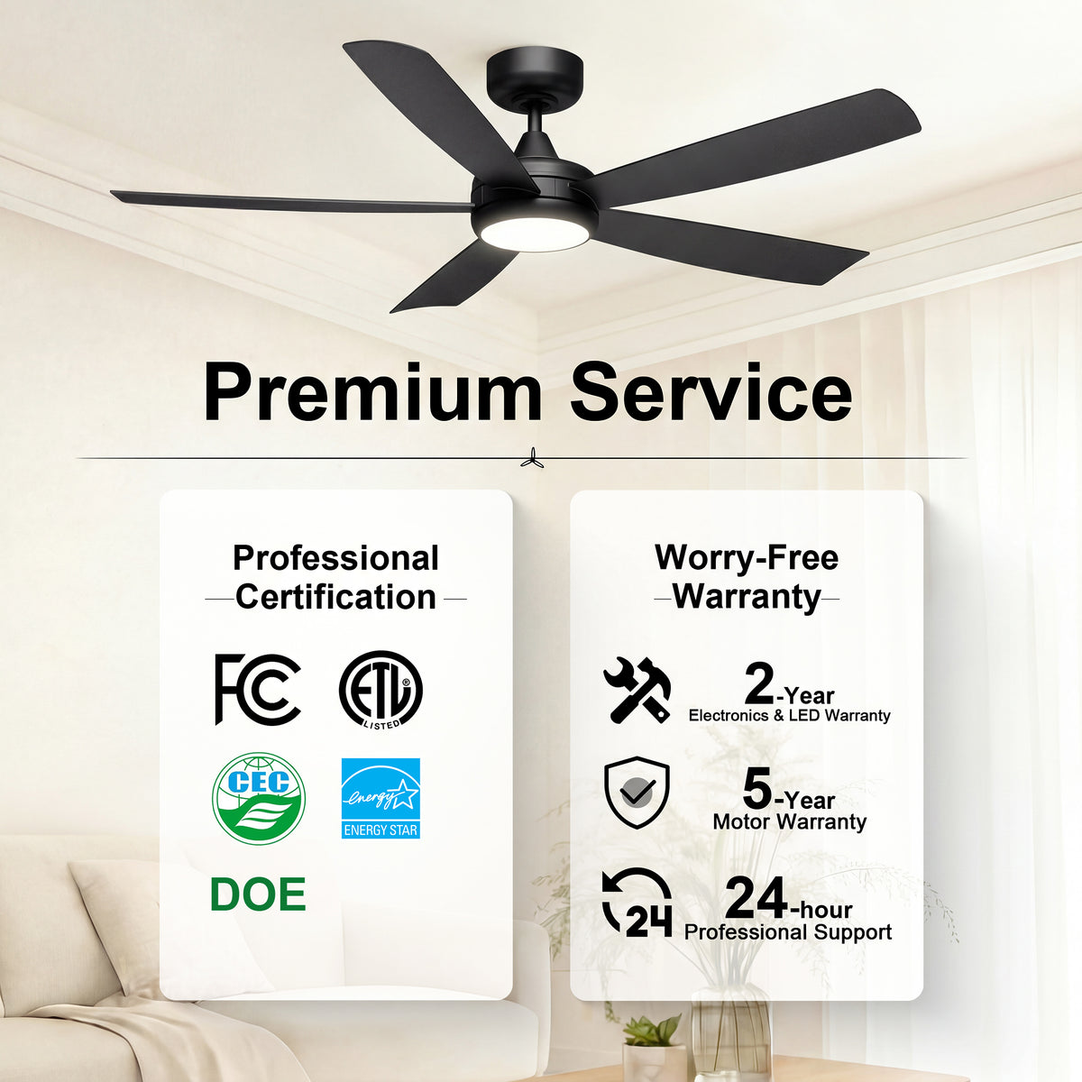 52-Inch Flush Mount 5-Blade Ceiling Fan with Light and Smart Control