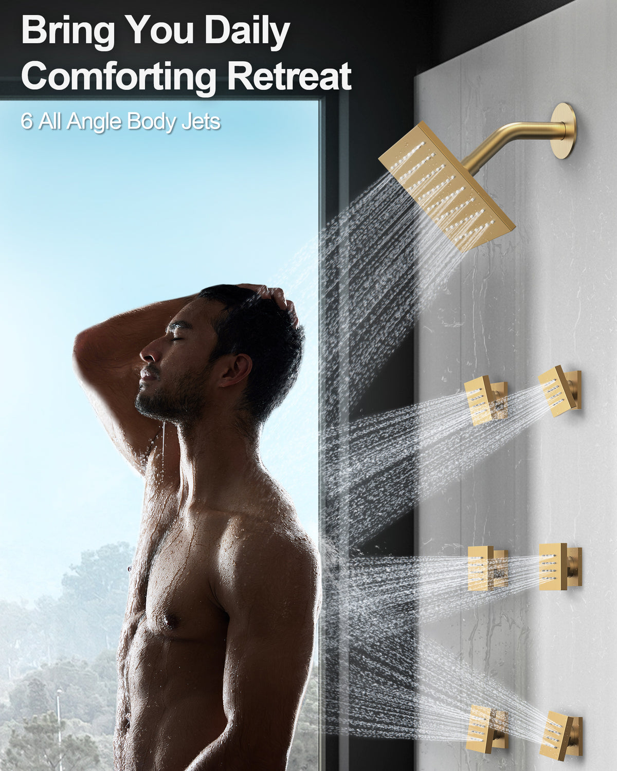 Wall-Mounted Rainfall Shower System with Body Jets and Handheld Spray