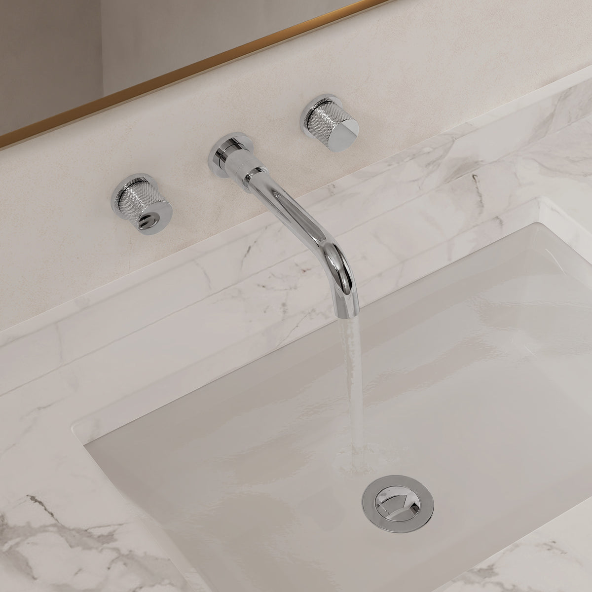 Two-Handle Wall-Mount Bathroom Sink Faucet With Pop-Up Drain