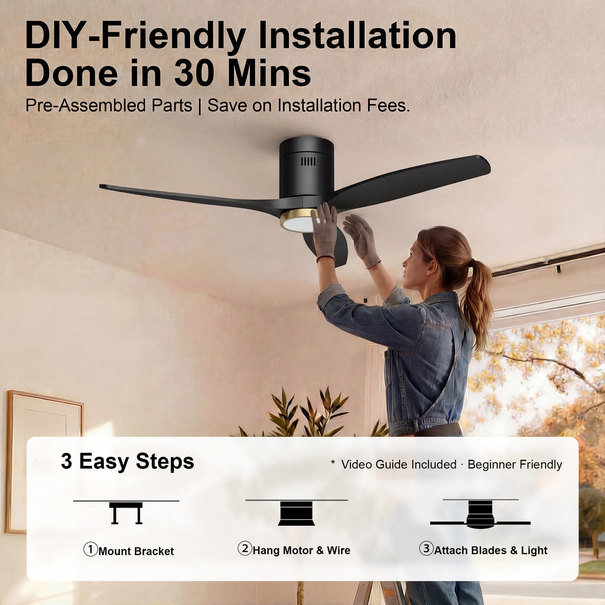 52-Inch Flush-Mount 3-Blade Ceiling Fan with Light, Wall Control and Remote