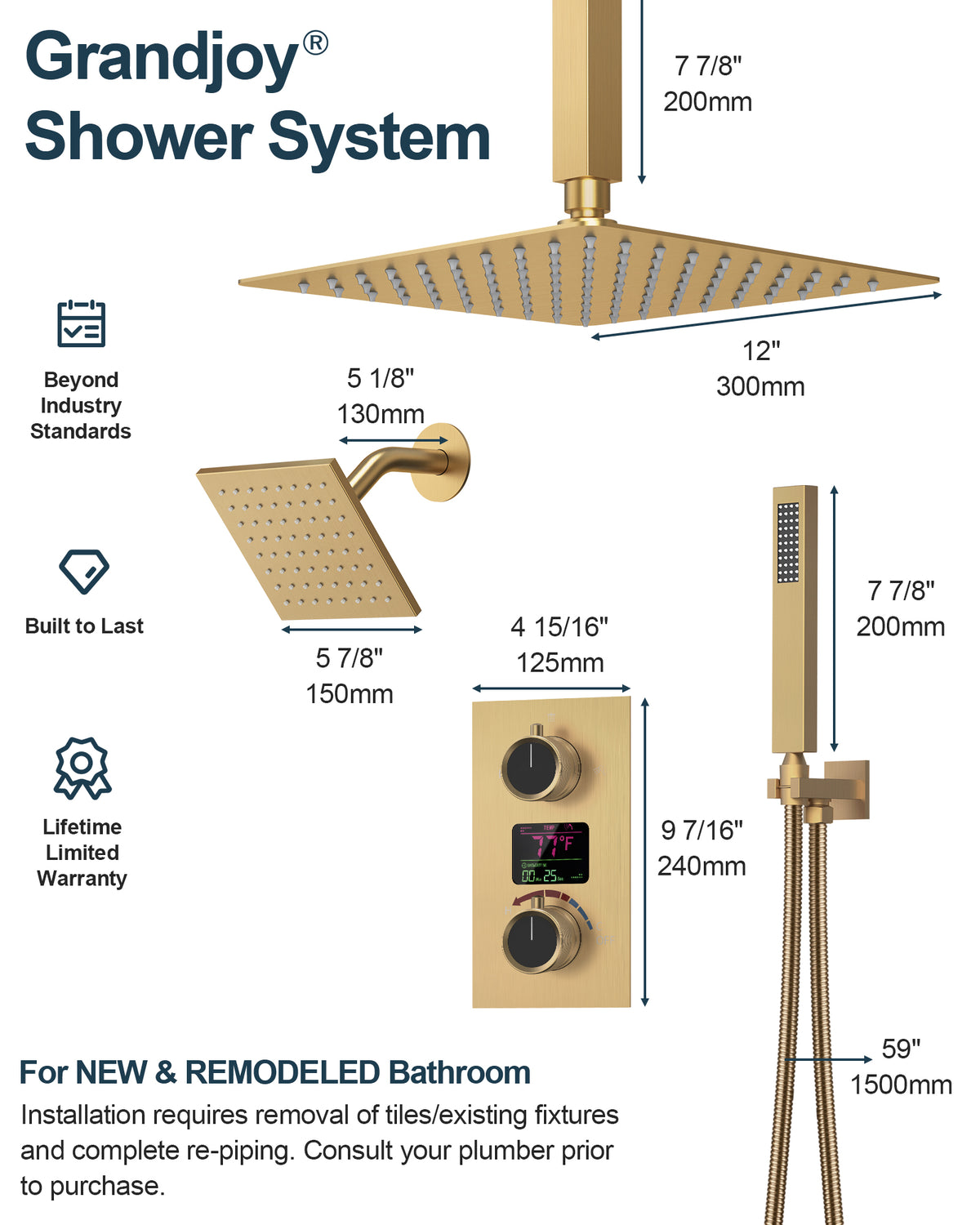 Ceiling-Mounted Dual Shower System with Adjustable Handheld Spray