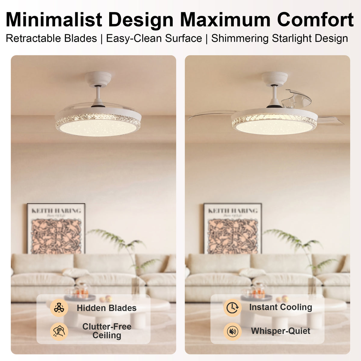 44-Inch Downrod Mount 4-Blade Retractable Ceiling Fan with Light and Remote Control
