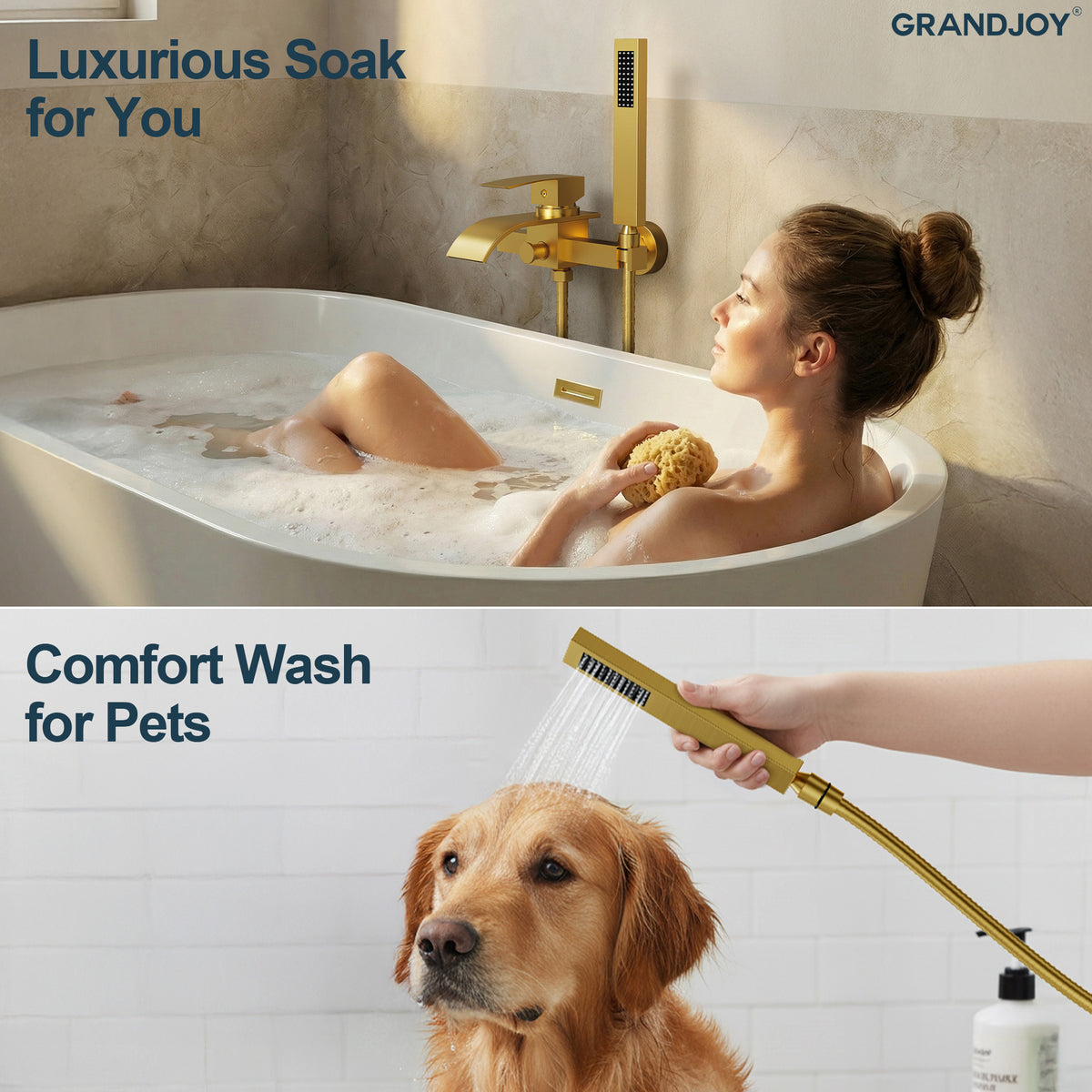 Wall-Mounted Waterfall Bathtub Faucet with Hand Shower and Single Handle