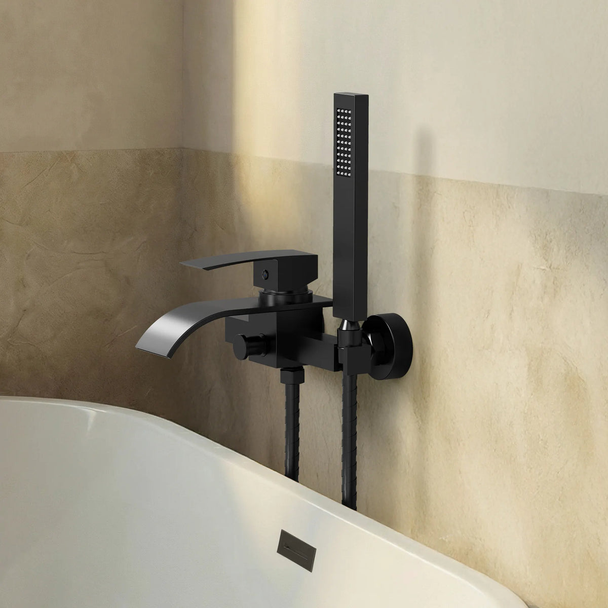 Wall-Mounted Waterfall Bathtub Faucet with Hand Shower and Single Handle