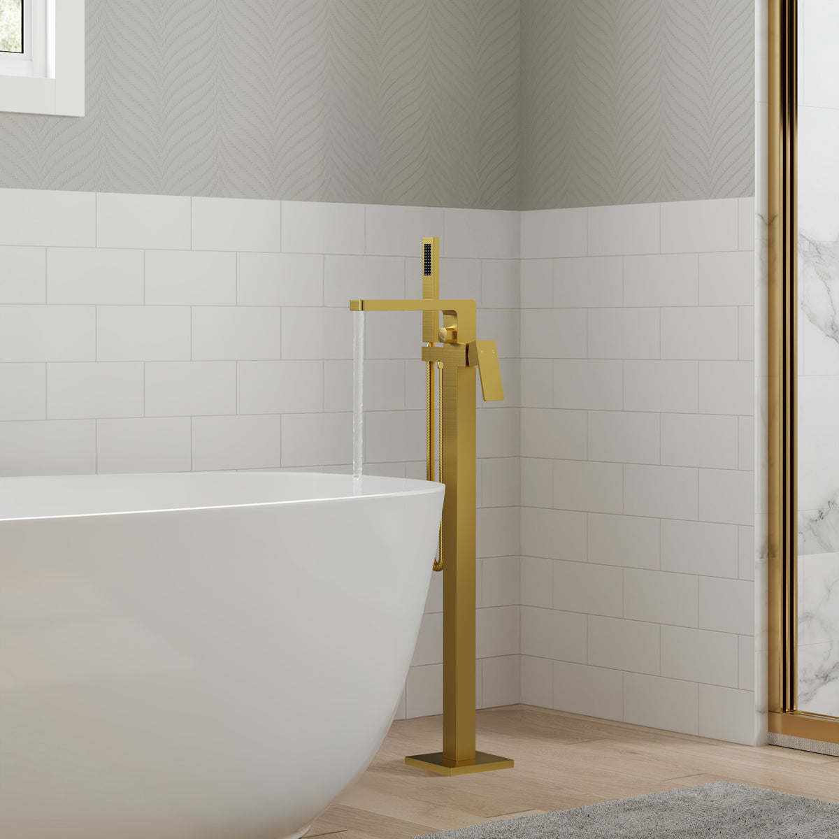 Square Floor-Mounted Bathtub Faucet with Hand Shower and Swivel Spout