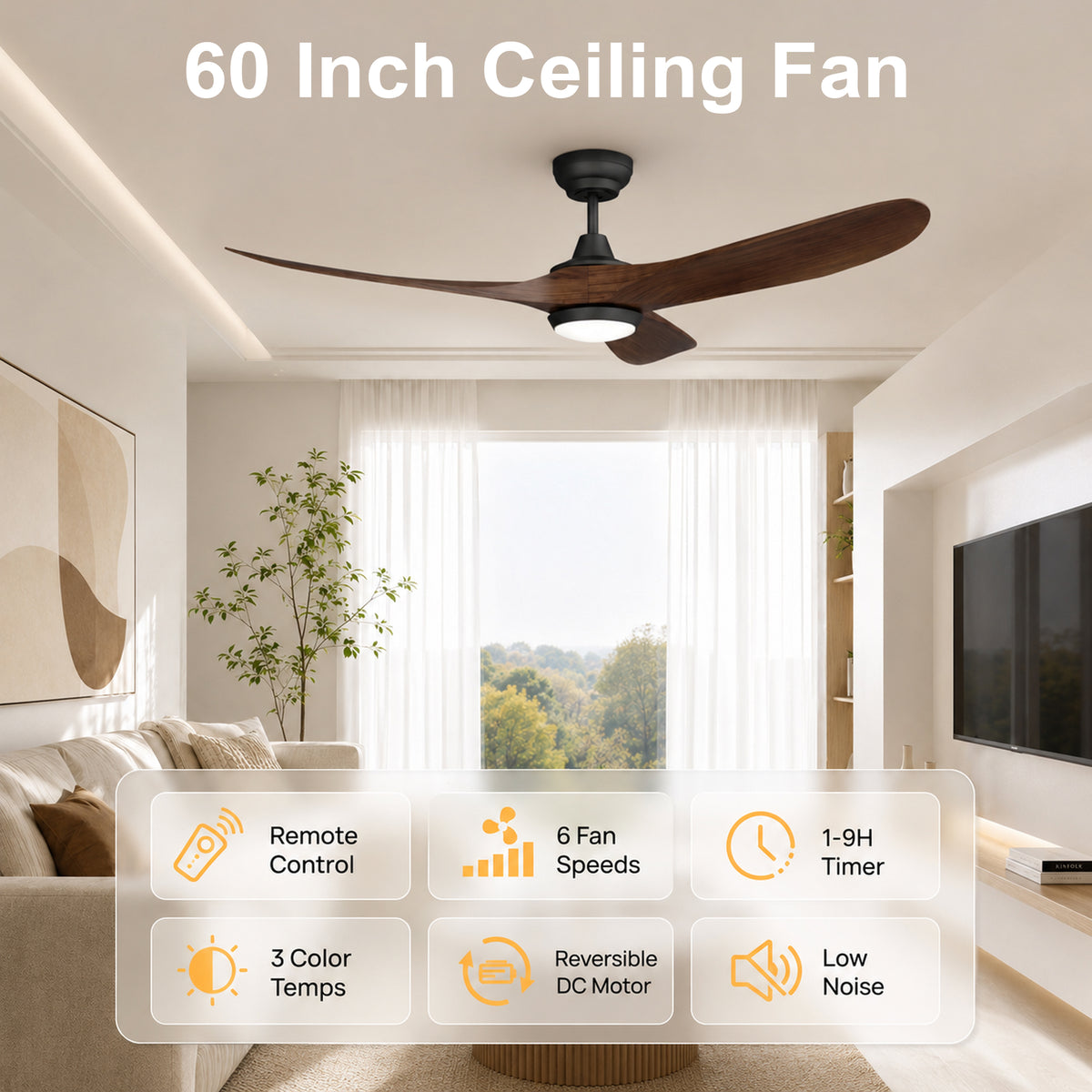 60-Inch Downrod Mount 3-Blade Ceiling Fan with Light and Remote Control