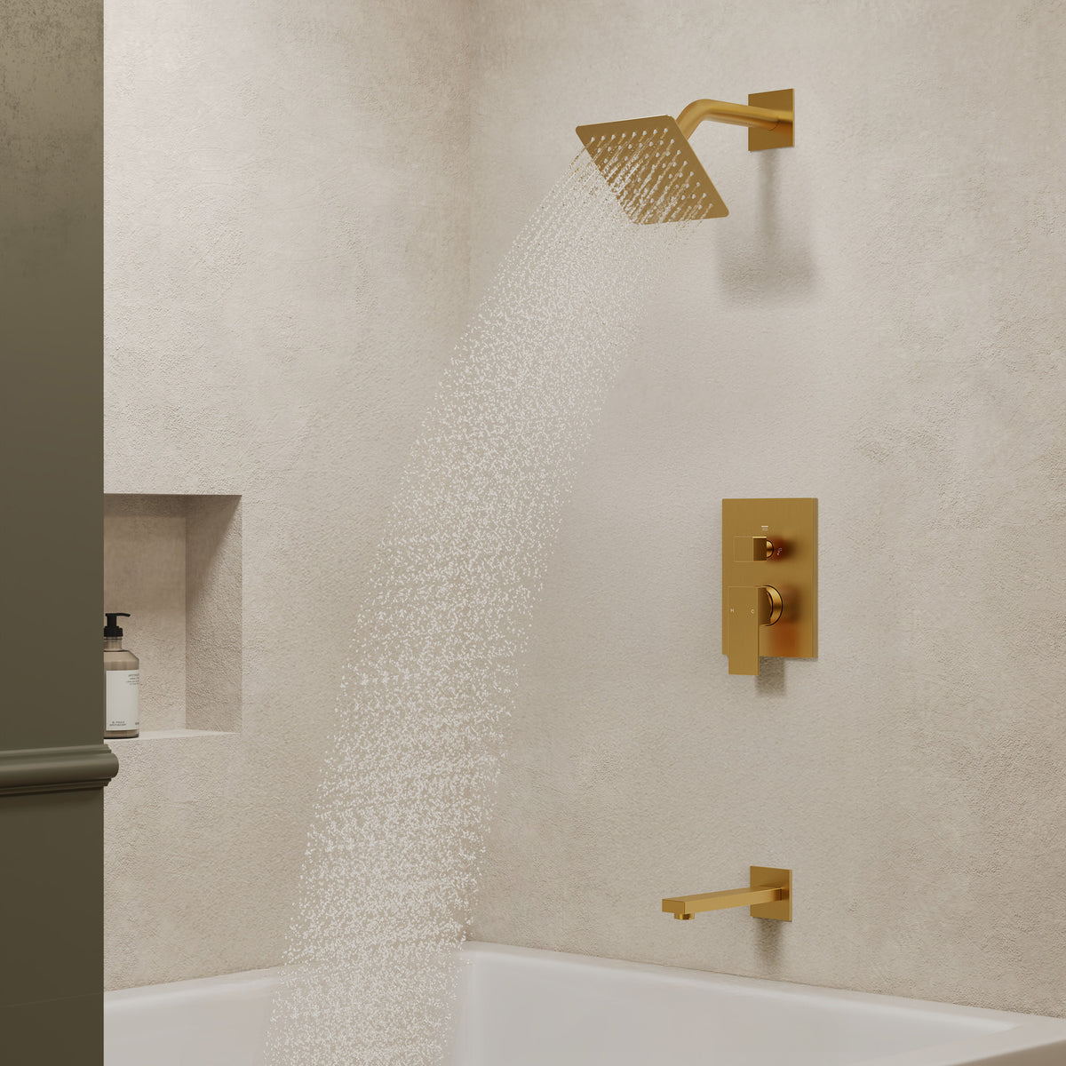 Square Wall-Mounted Shower System with Pressure-Balanced Tub Spout