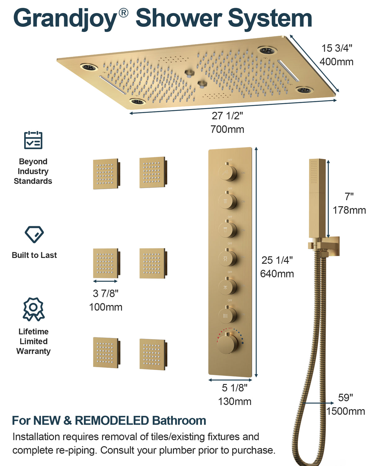 LED Music Ceiling-Mounted Thermostatic Shower System with Body Jets