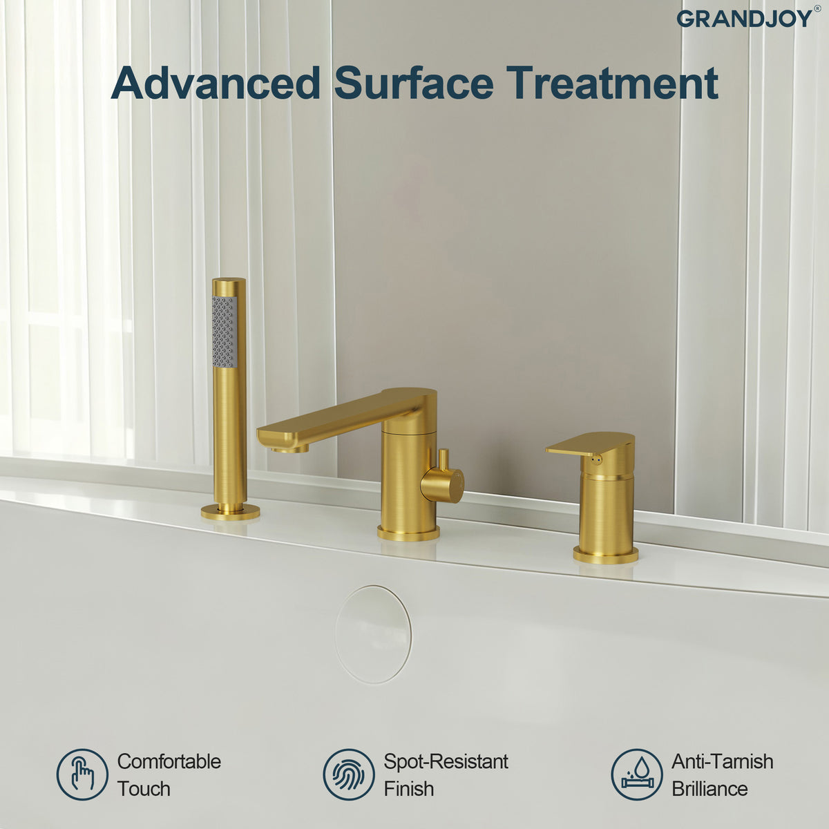 Low-Arc Deck-Mounted Bathtub Faucet with Hand Shower and Swivel Spout