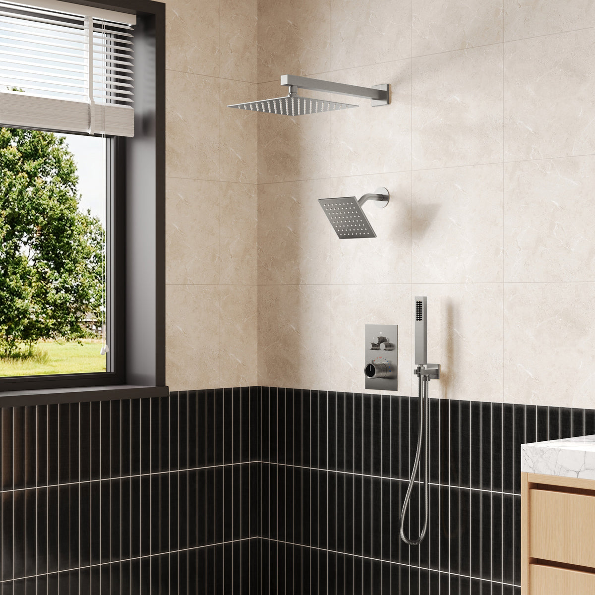 Wall-Mounted Thermostatic Dual Shower System with Handheld Spray