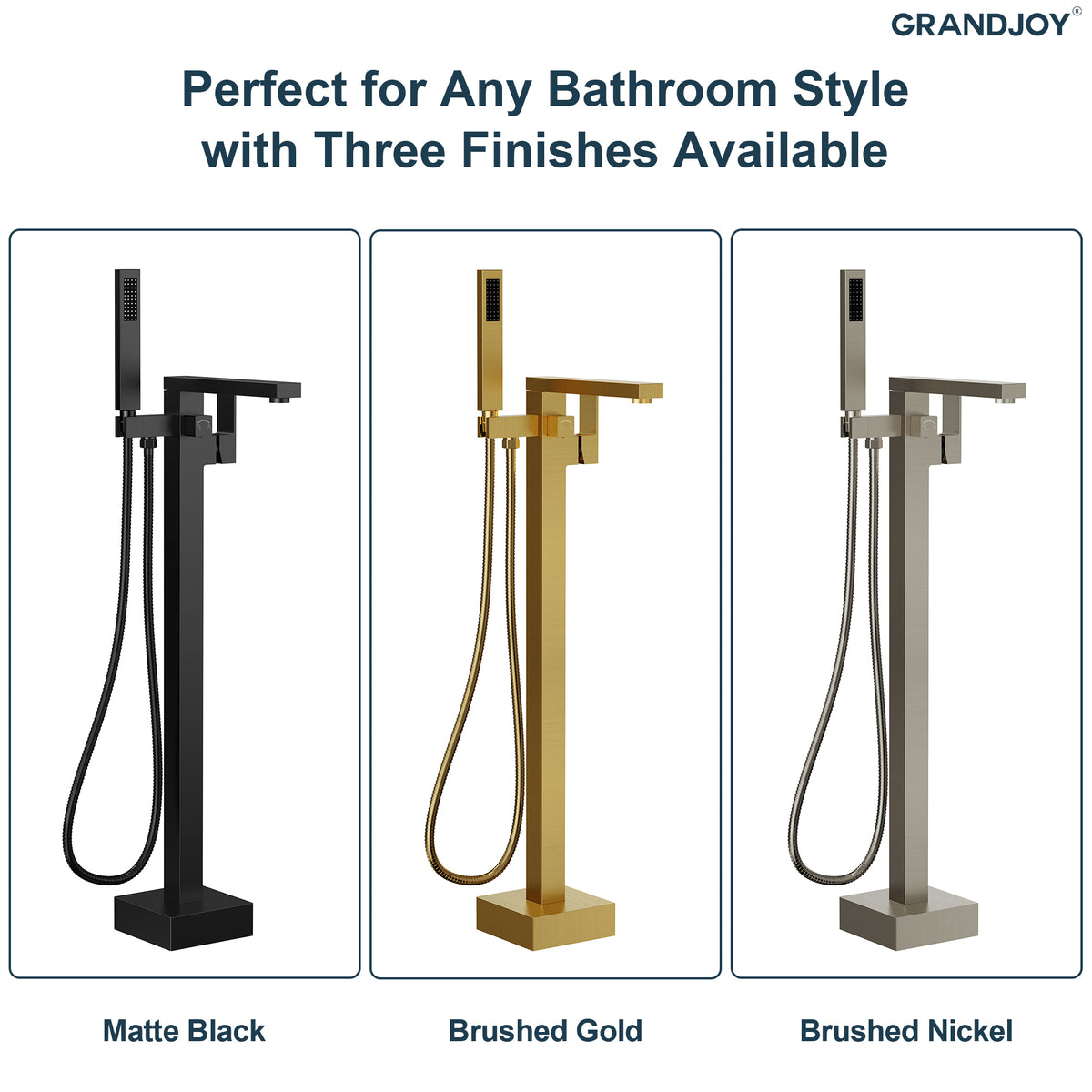 Freestanding Floor-Mounted Bathtub Faucet with Hand Shower and Swivel Spout