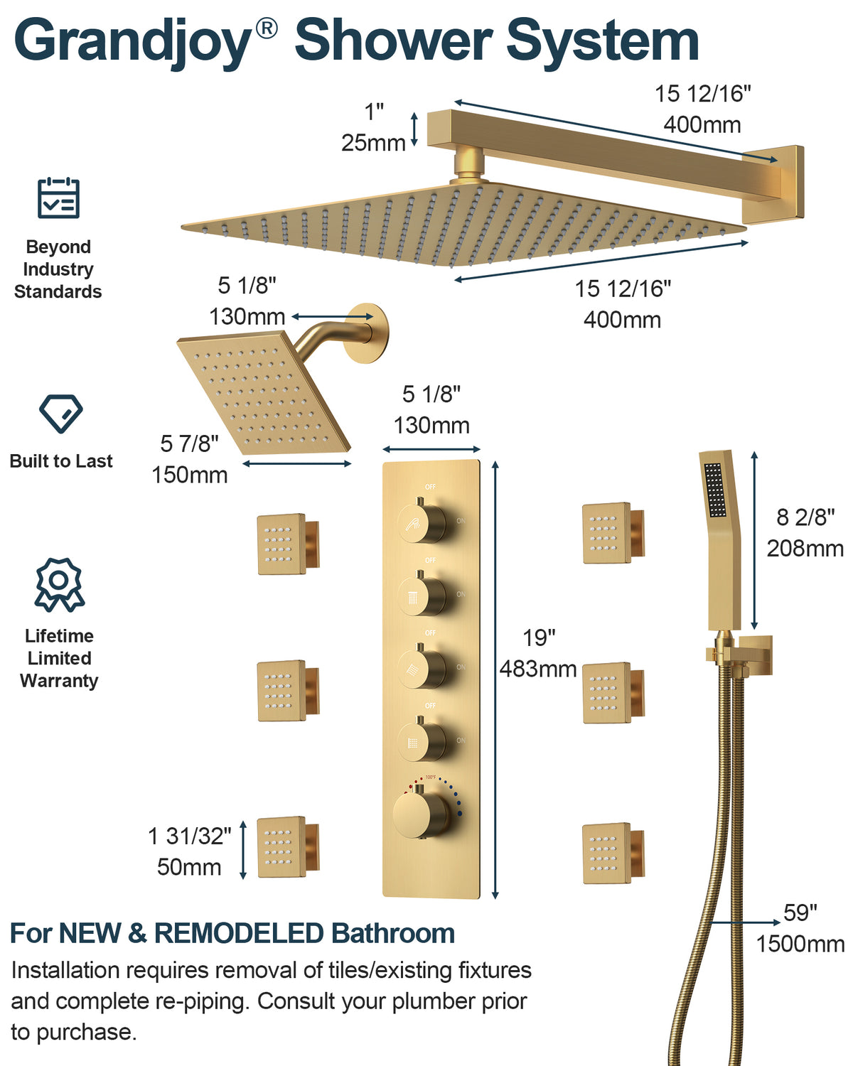 Wall-Mounted Rainfall Shower System with Body Jets and Handheld Spray
