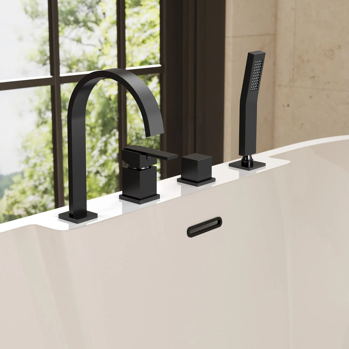 Deck-Mounted Waterfall Bathtub Faucet with Dual Handles and Hand Shower