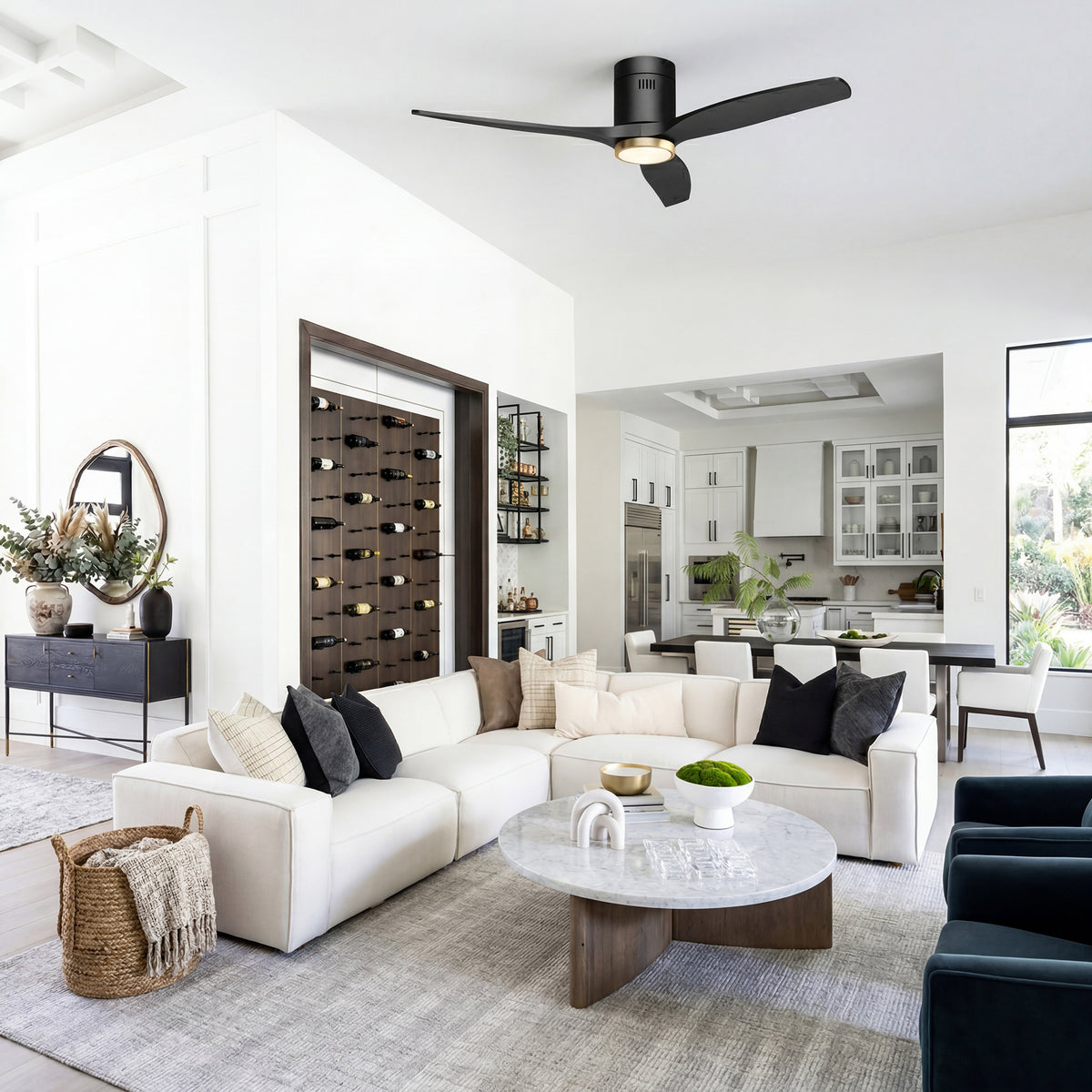 52-Inch Flush-Mount 3-Blade Ceiling Fan with Light, Wall Control and Remote