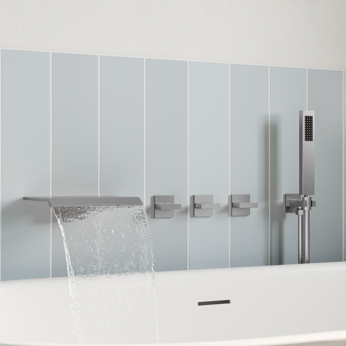 Wall-Mounted Floor-Mounted bathtub with Three Handles and Hand Shower