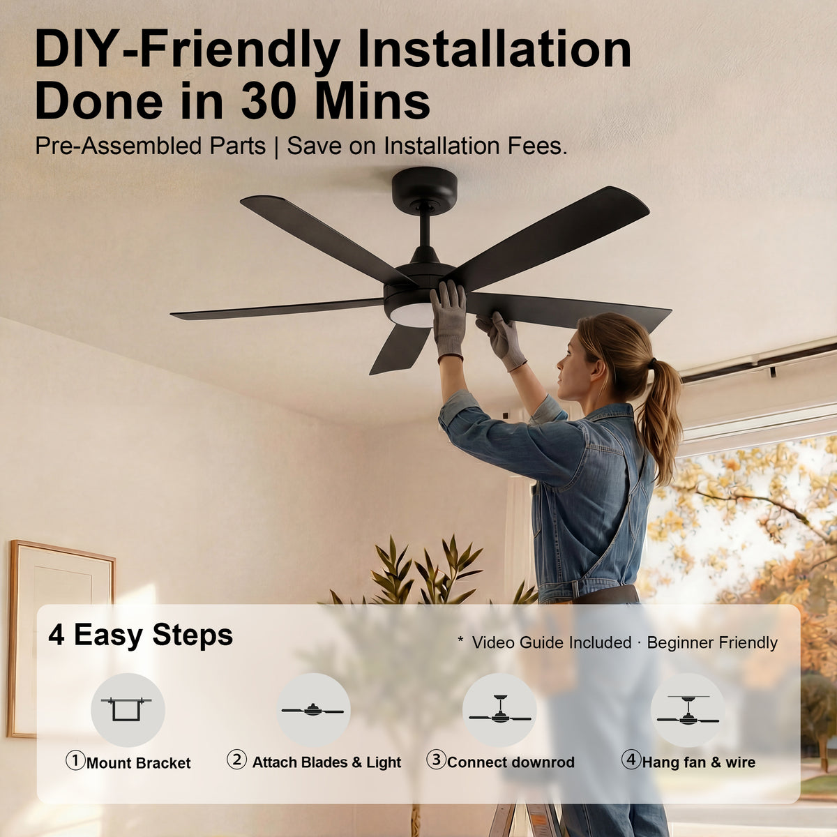 52-Inch Flush Mount 5-Blade Ceiling Fan with Light and Smart Control