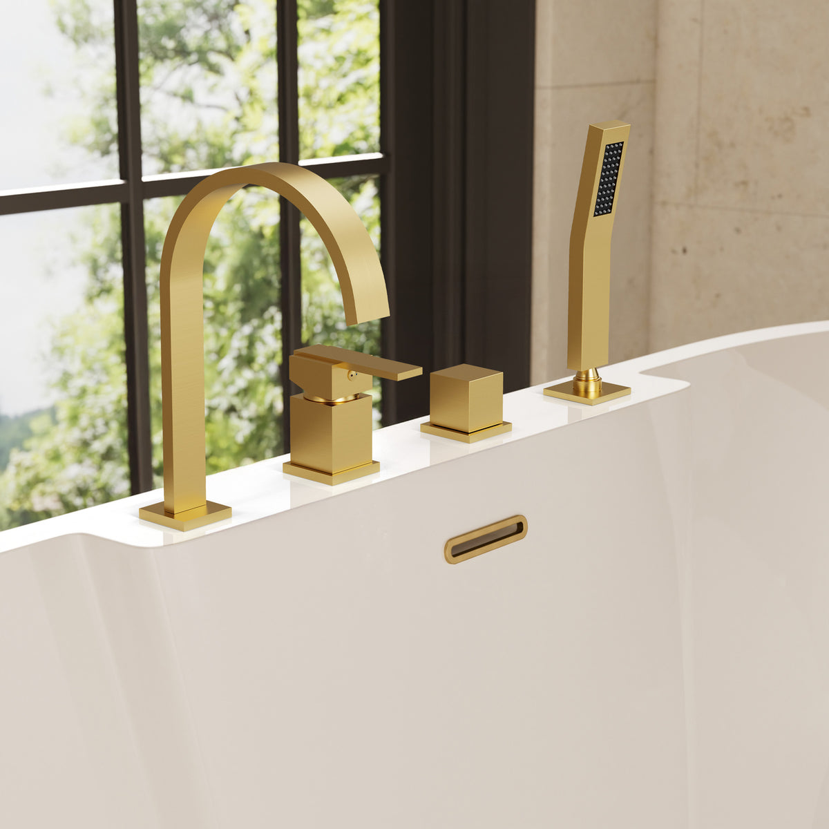 Deck-Mounted Waterfall Bathtub Faucet with Dual Handles and Hand Shower