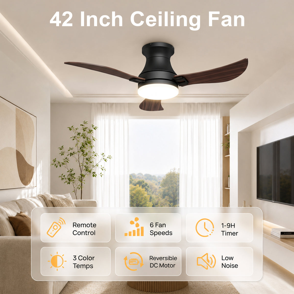 42-Inch Flush Mount 3-Blade Ceiling Fan with Light and Remote Control