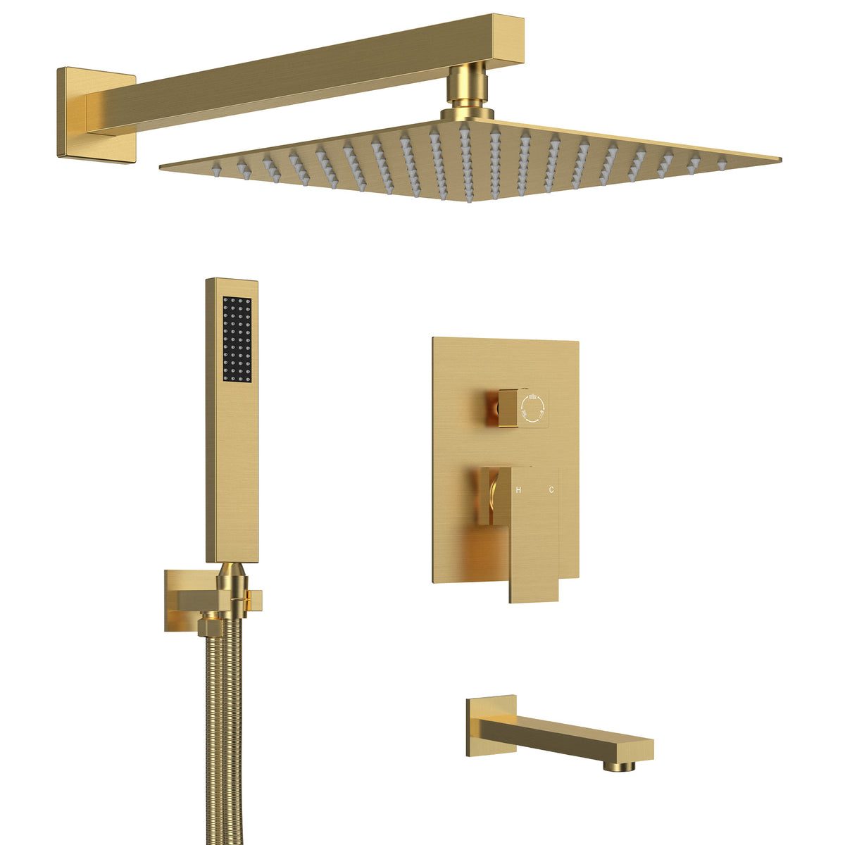Wall-Mounted Rain Shower System with Handheld and Tub Spout