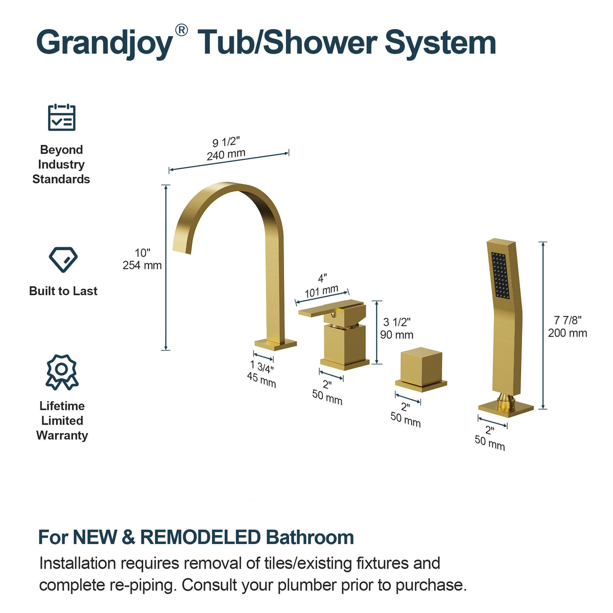 Deck-Mounted Waterfall Bathtub Faucet with Dual Handles and Hand Shower