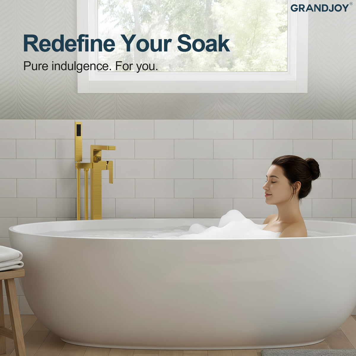Square Floor-Mounted Bathtub Faucet with Hand Shower and Swivel Spout