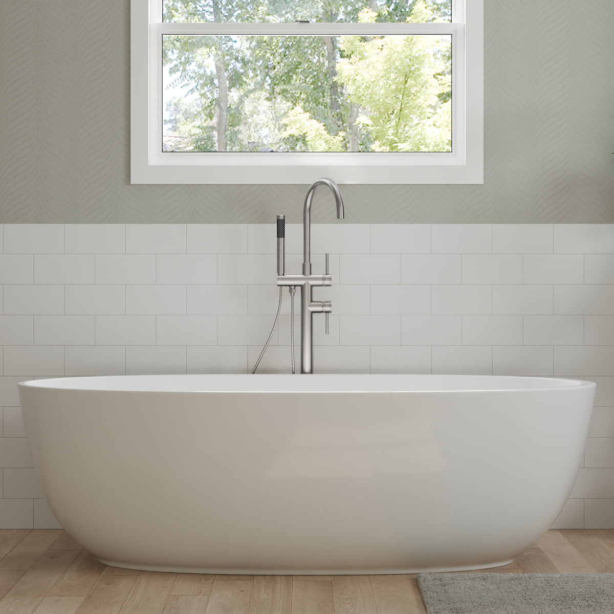 High-Arc Floor-Mounted Freestanding Bathtub Faucet with Hand Shower and Swivel Spout