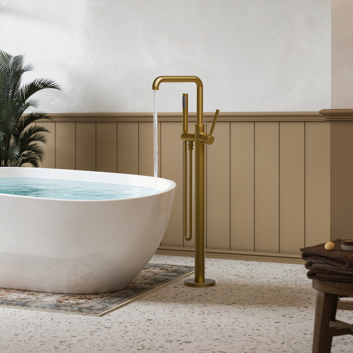 Floor-Mounted Bathtub Faucet with Swivel Spout and Hand Shower