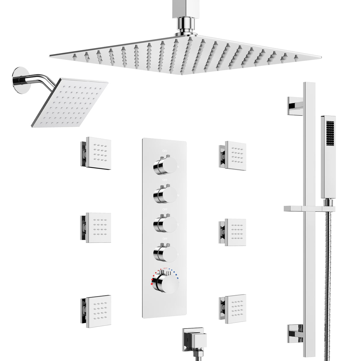 Ceiling-Mounted Thermostatic Dual Rainfall Shower System with Handheld