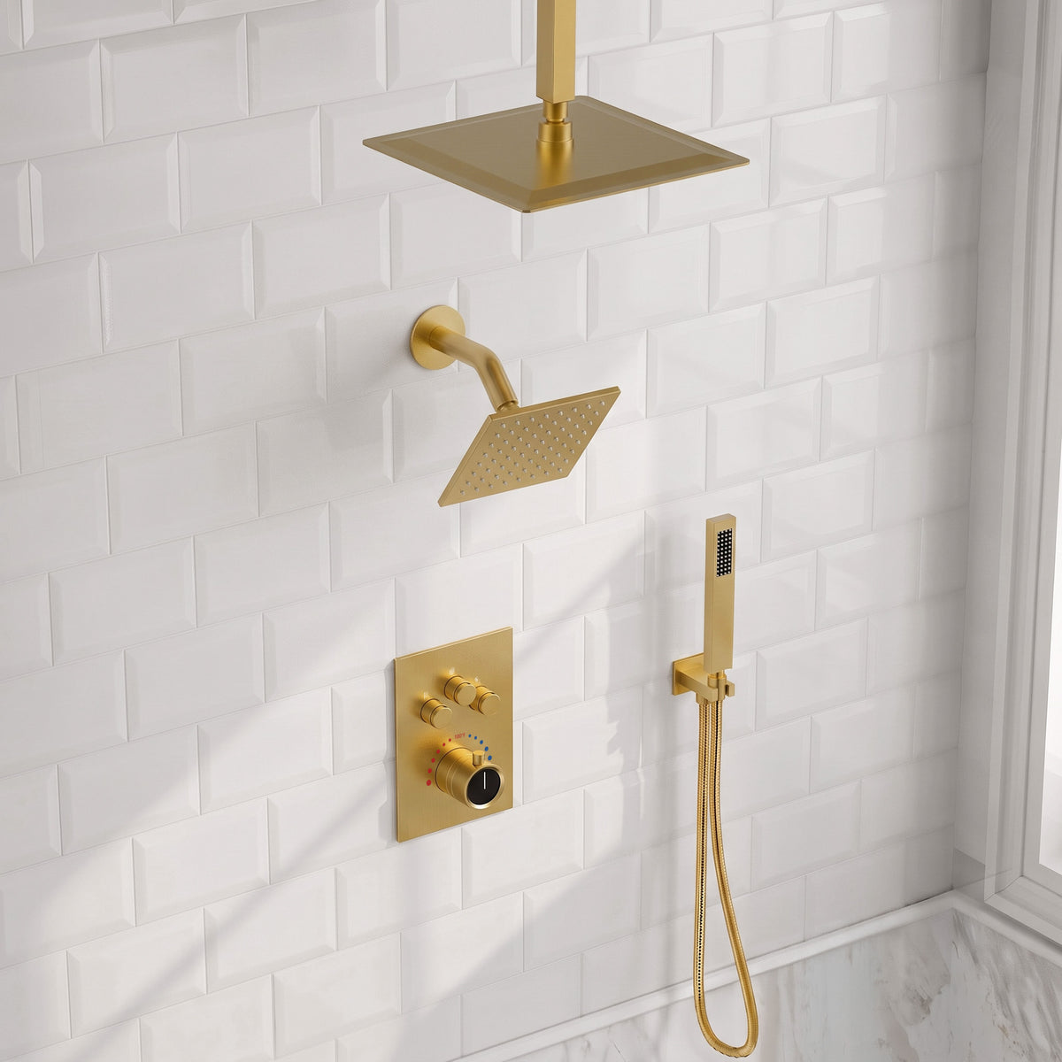 Ceiling-Mounted Dual-Head Shower System with Adjustable Wall Spray and Handheld