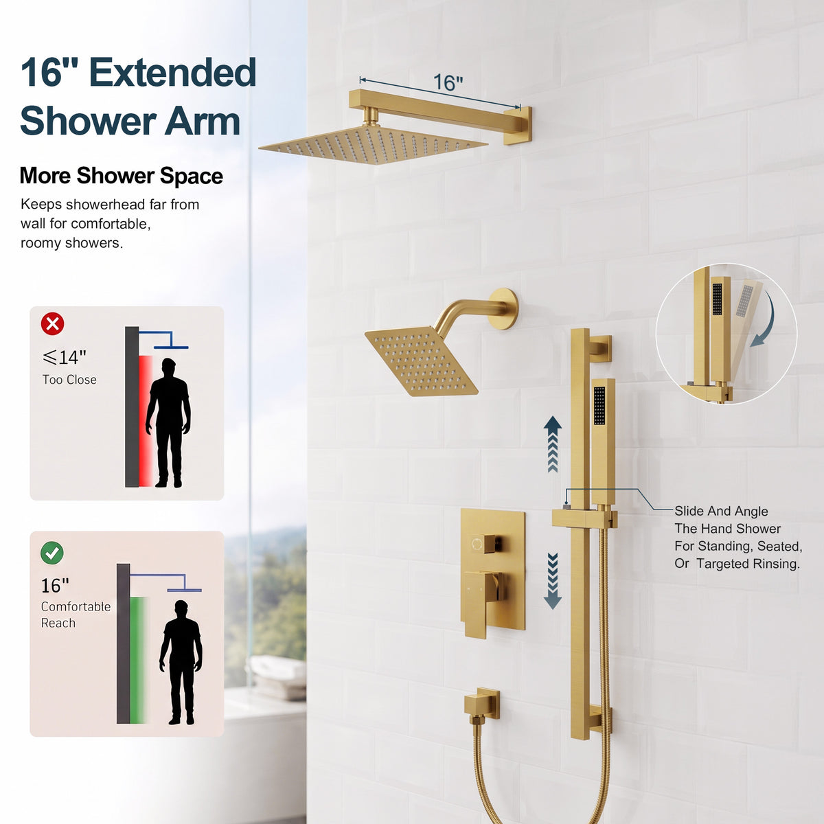 Square Wall-Mounted Dual Shower System with Adjustable Handheld
