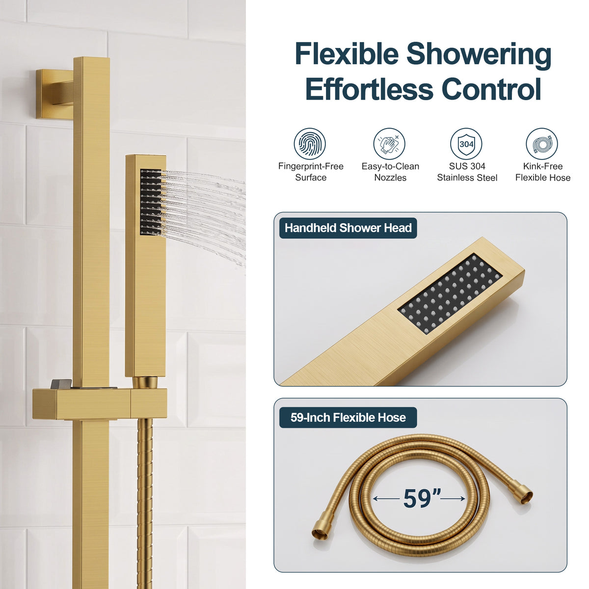 Square Wall-Mounted Dual Shower System with Adjustable Handheld