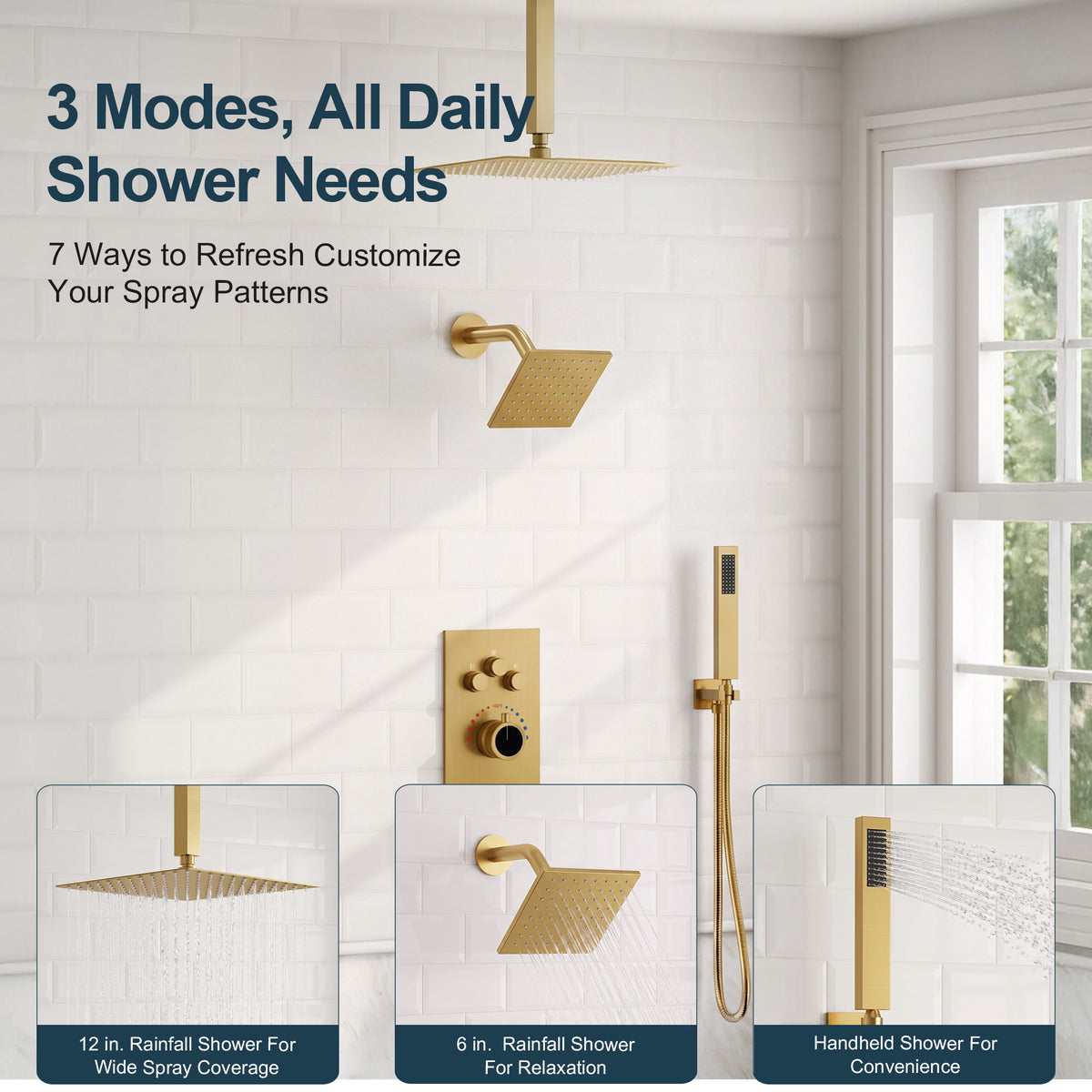 Ceiling-Mounted Dual-Head Shower System with Adjustable Wall Spray and Handheld