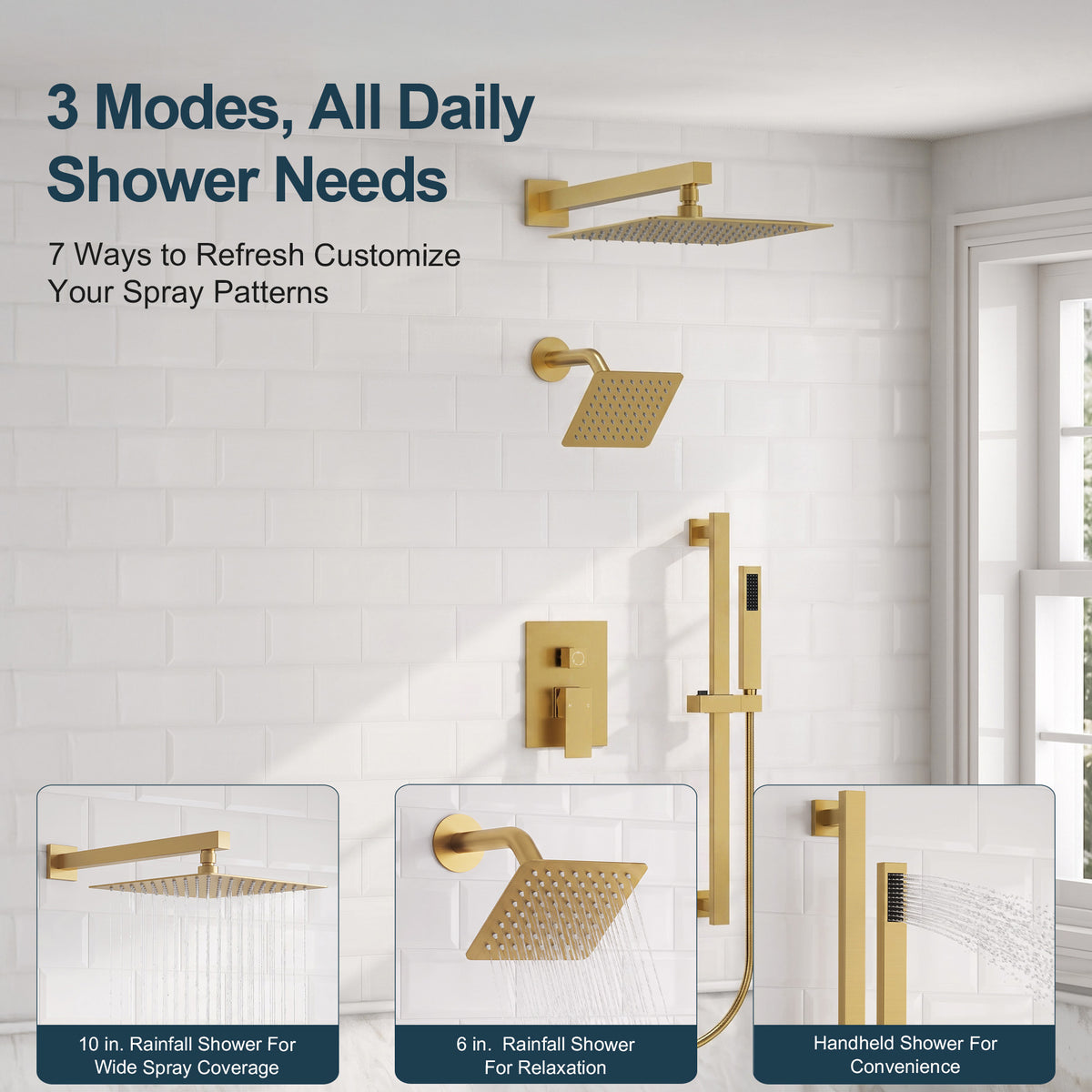 Square Wall-Mounted Dual Shower System with Adjustable Handheld