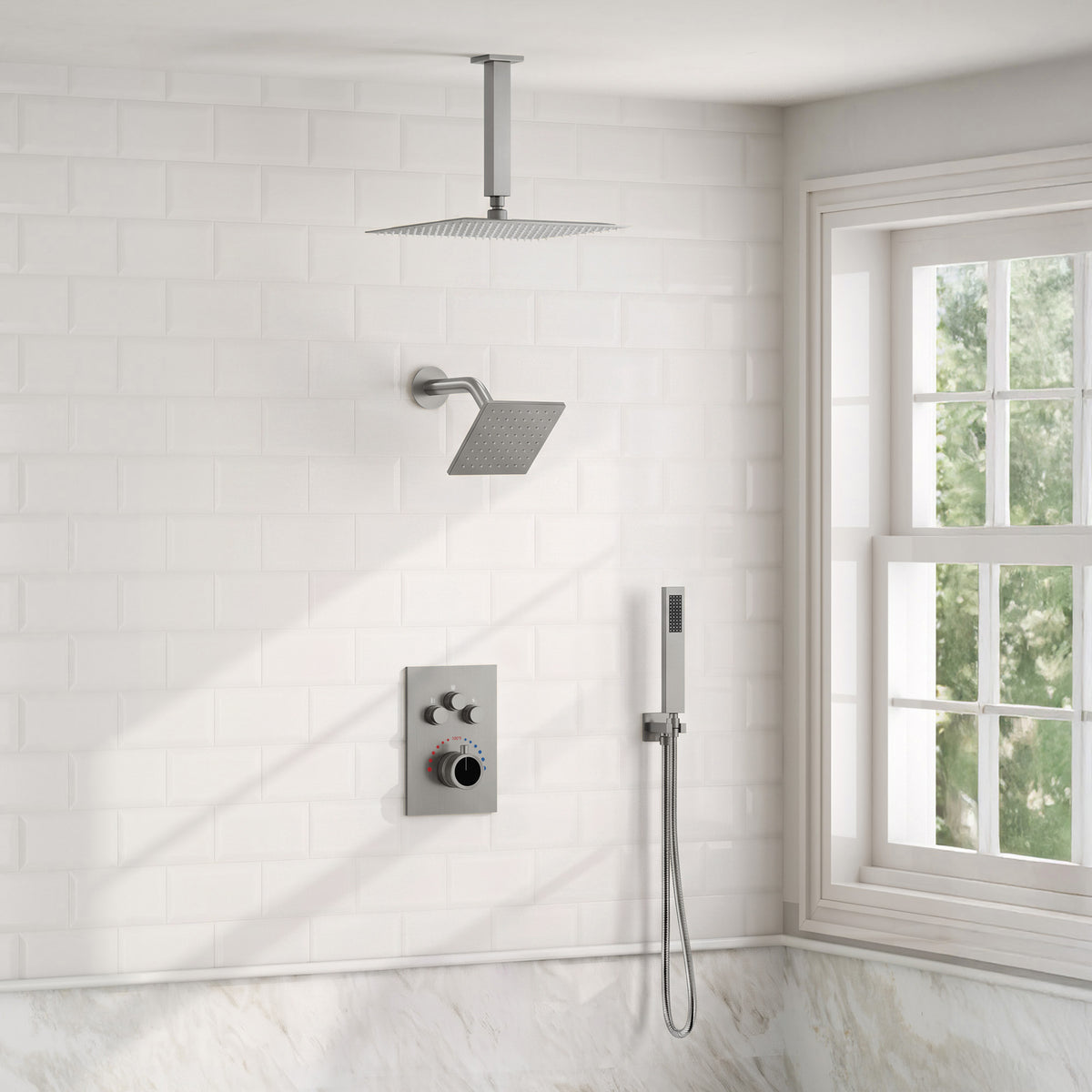 Ceiling-Mounted Dual-Head Shower System with Adjustable Wall Spray and Handheld