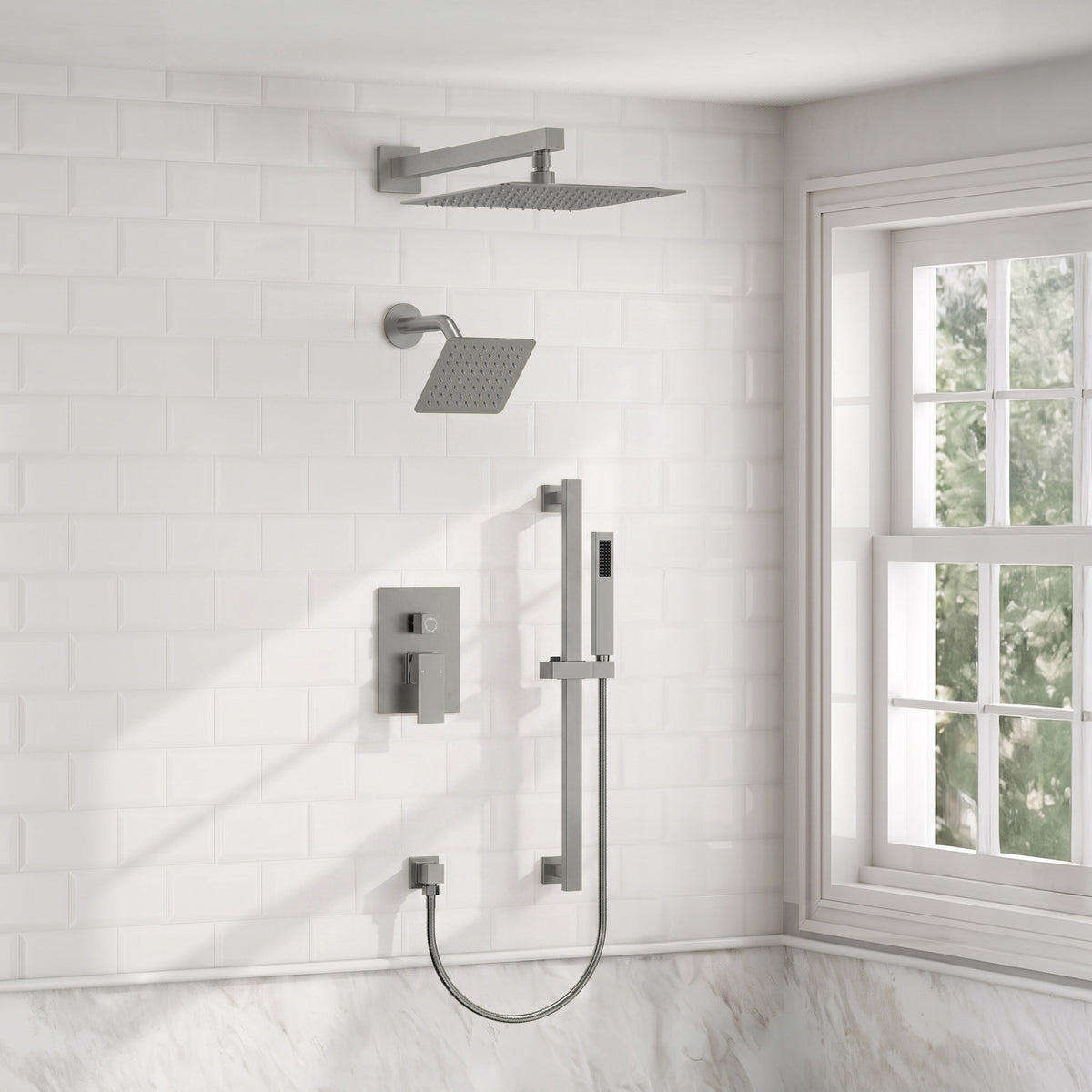 Square Wall-Mounted Dual Shower System with Adjustable Handheld