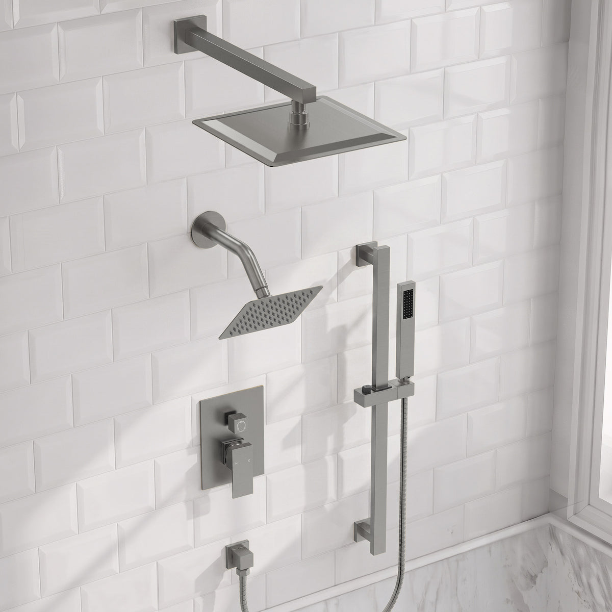 Square Wall-Mounted Dual Shower System with Adjustable Handheld