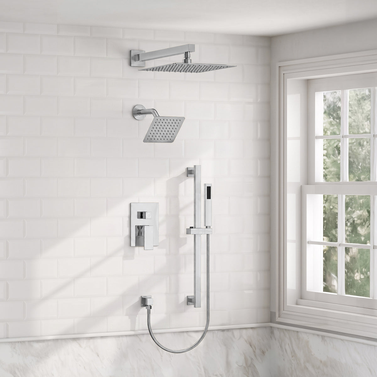 Square Wall-Mounted Dual Shower System with Adjustable Handheld