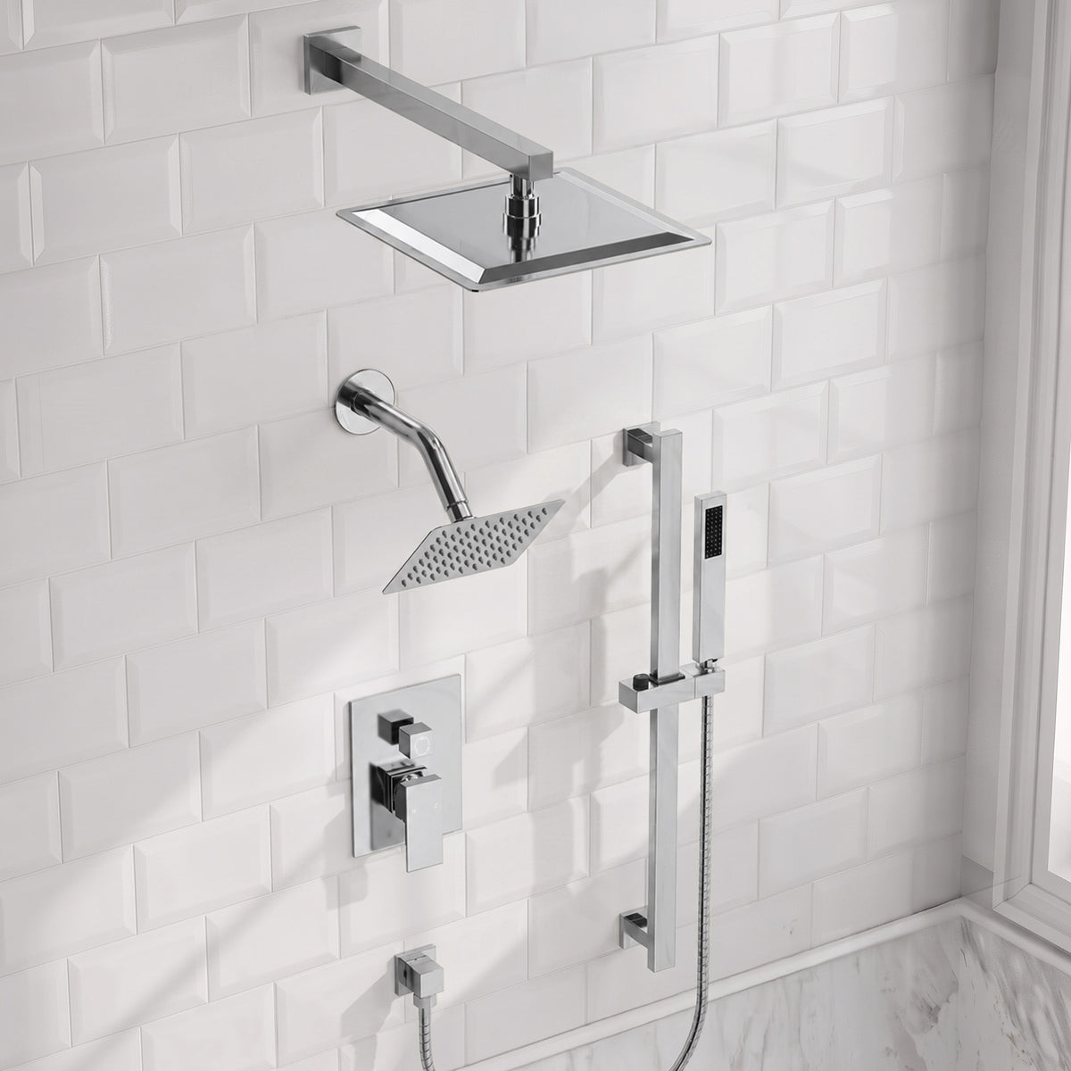 Square Wall-Mounted Dual Shower System with Adjustable Handheld