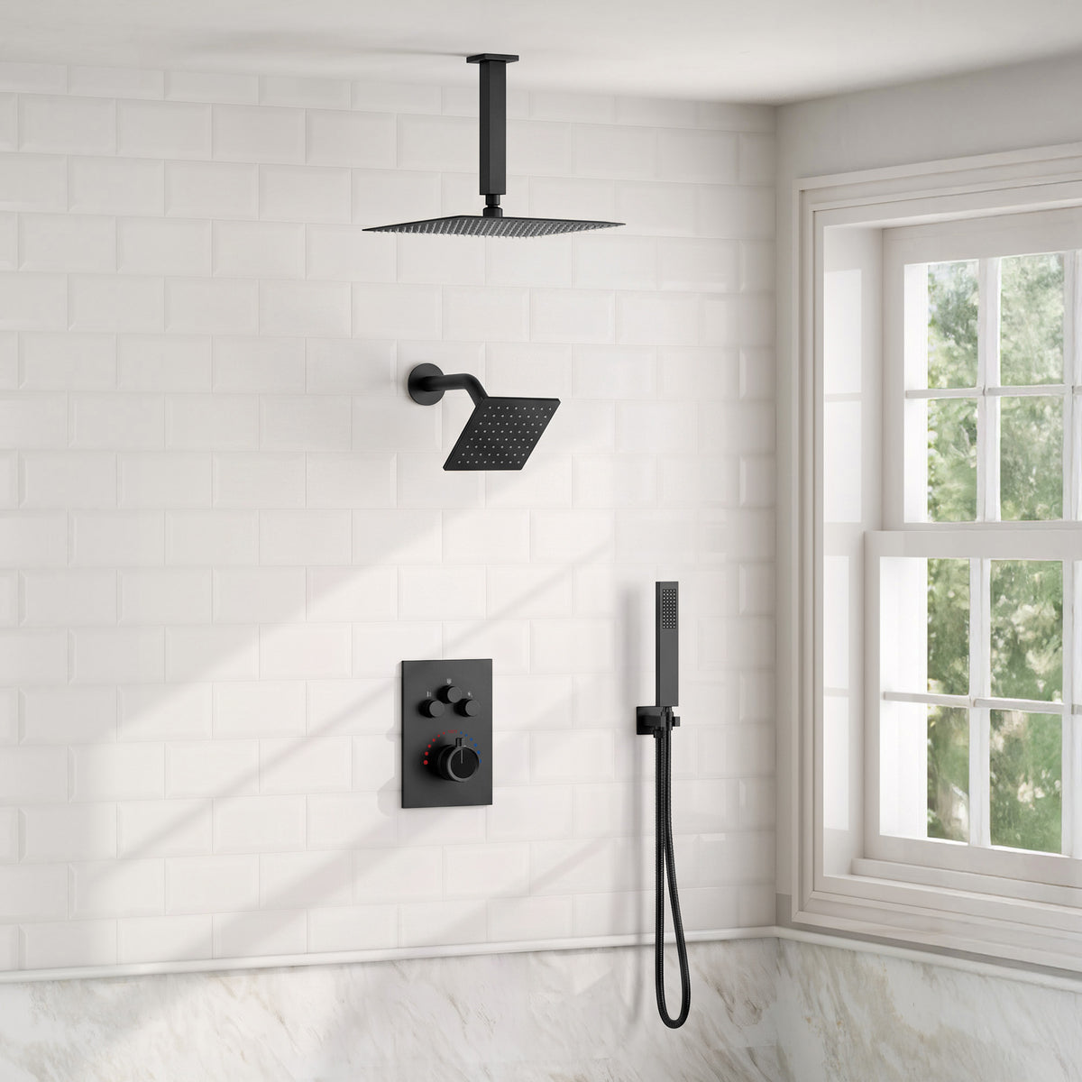 Ceiling-Mounted Dual-Head Shower System with Adjustable Wall Spray and Handheld