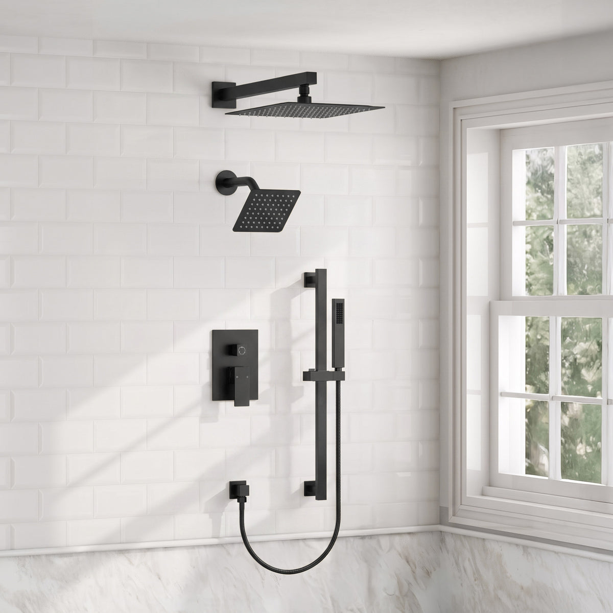 Square Wall-Mounted Dual Shower System with Adjustable Handheld