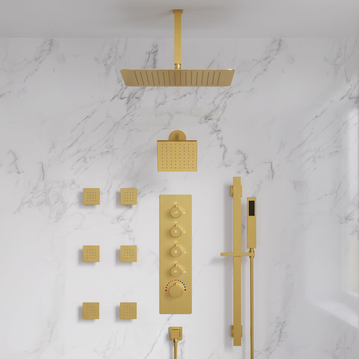 Ceiling-Mounted Thermostatic Dual Rainfall Shower System with Handheld