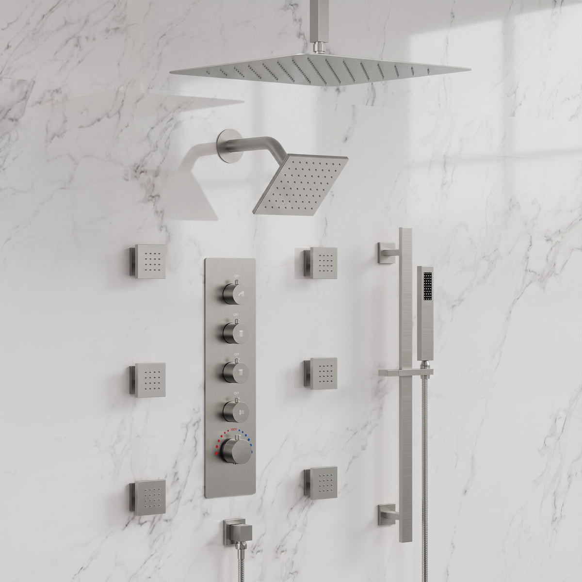 Ceiling-Mounted Thermostatic Dual Rainfall Shower System with Handheld