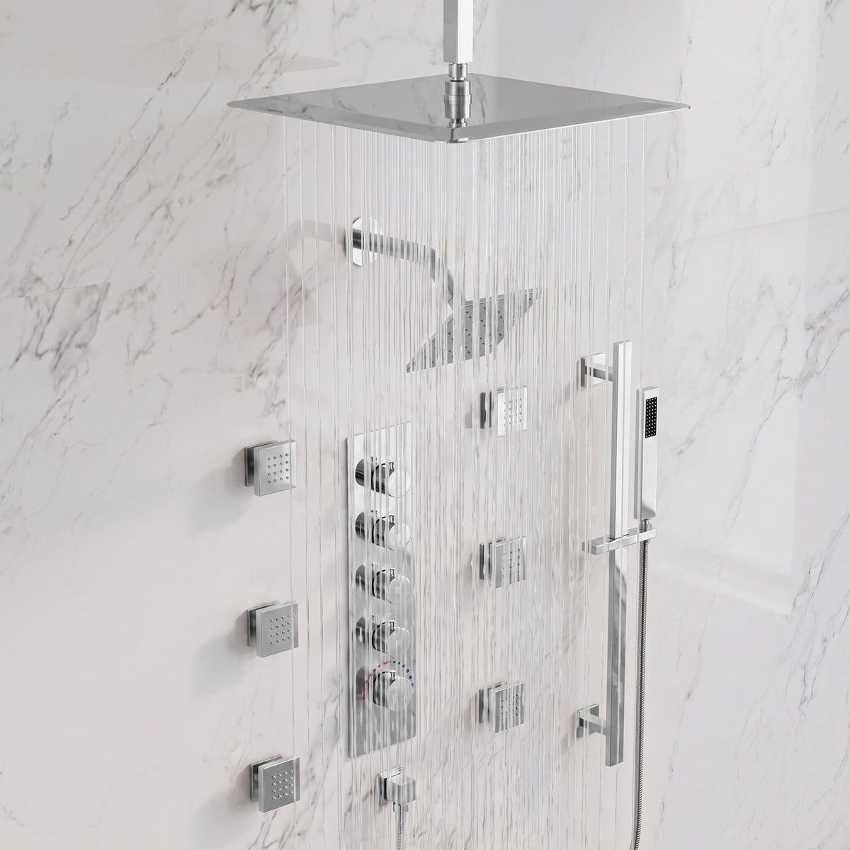 Ceiling-Mounted Thermostatic Dual Rainfall Shower System with Handheld