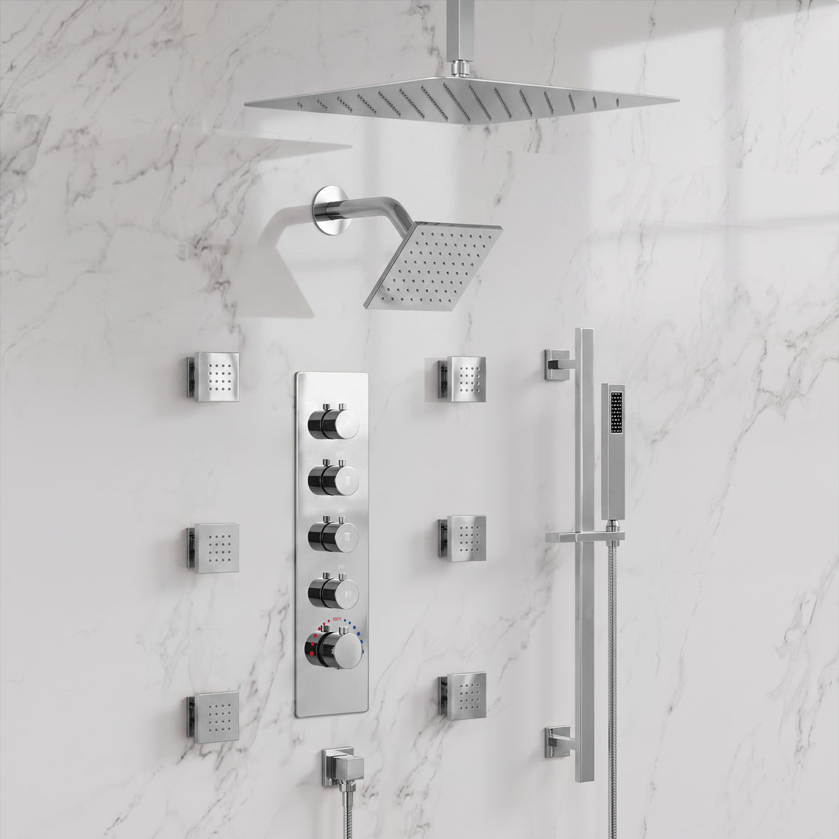 Ceiling-Mounted Thermostatic Dual Rainfall Shower System with Handheld