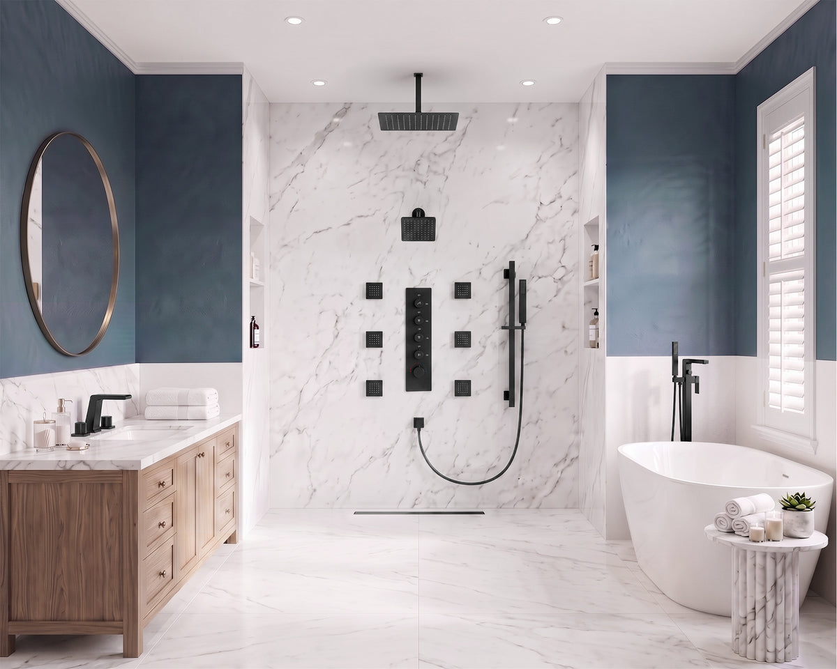 Ceiling-Mounted Thermostatic Dual Rainfall Shower System with Handheld