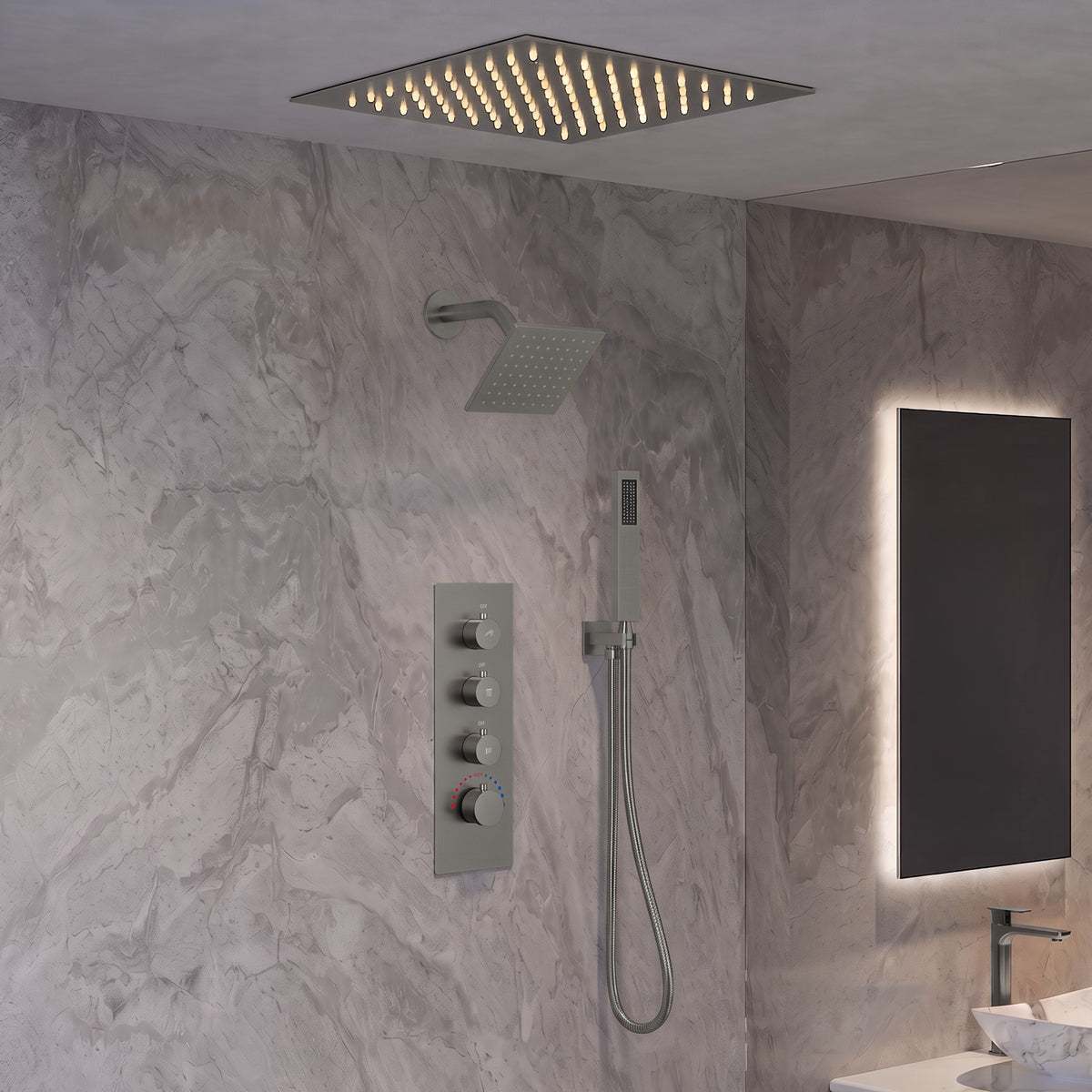 LED Ceiling-Mounted Thermostatic Dual Shower System with Handheld