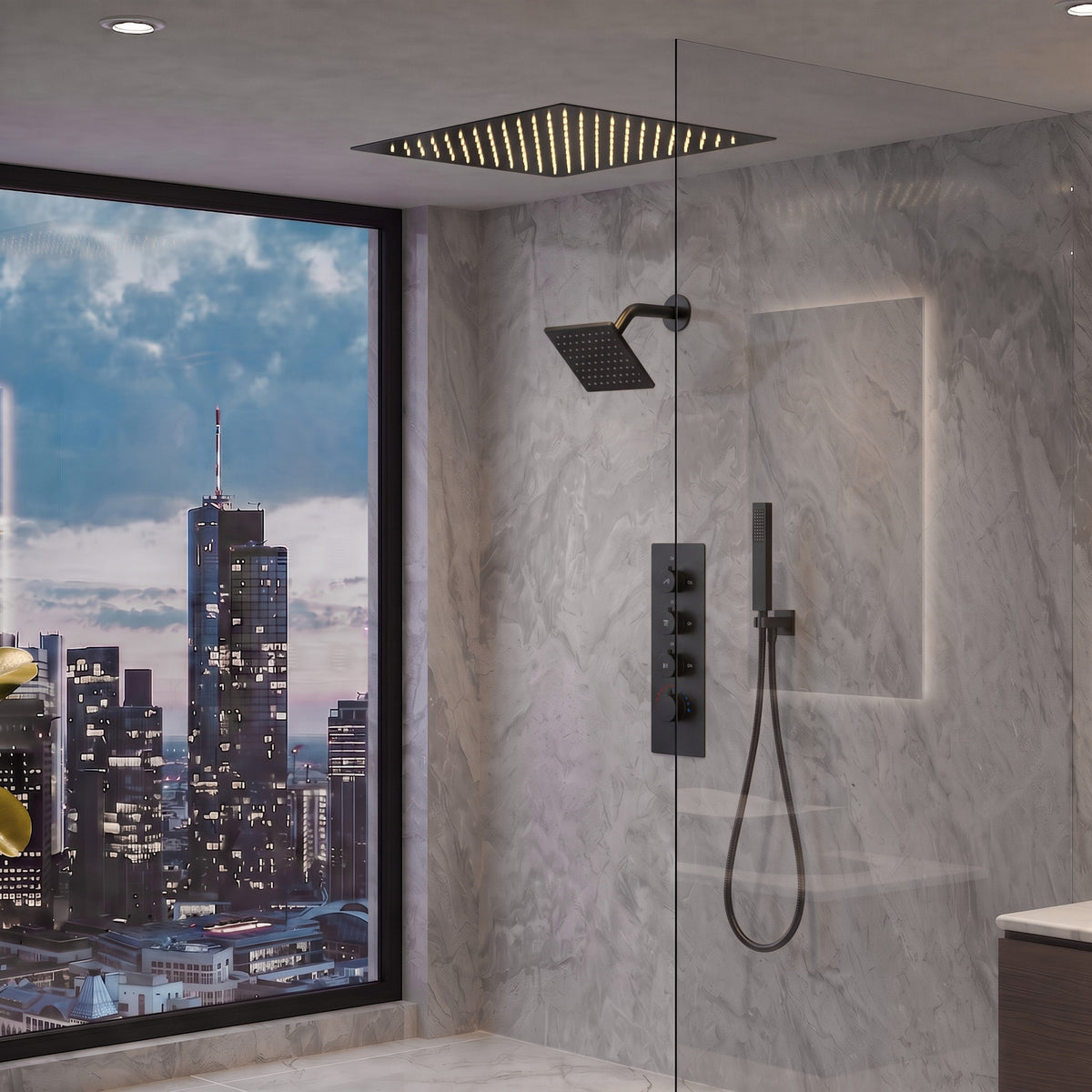 LED Ceiling-Mounted Thermostatic Dual Shower System with Handheld