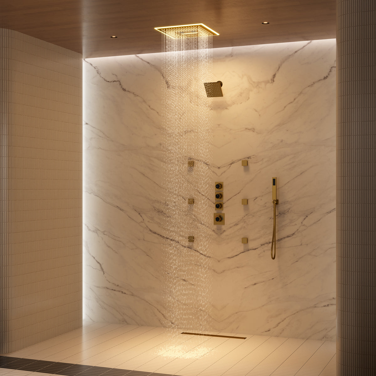 LED Music Ceiling-Mounted Dual-Head Shower System with Body Jets