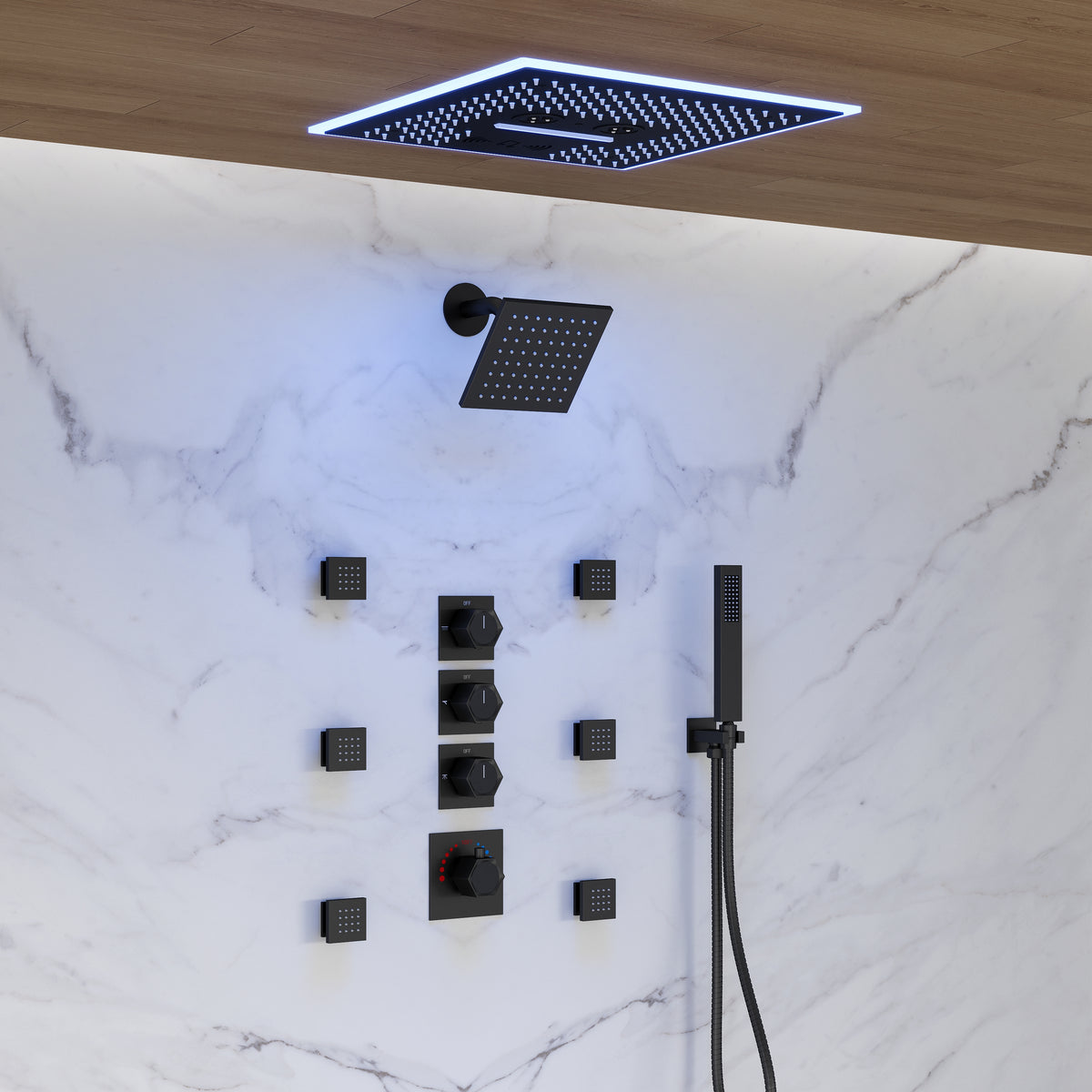 LED Music Ceiling-Mounted Dual-Head Shower System with Body Jets