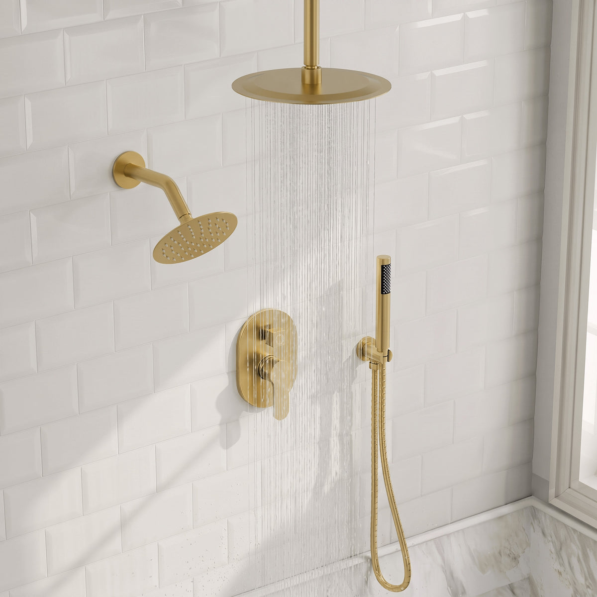 Ceiling-Mounted Dual Round-Head Shower System with Adjustable Handheld